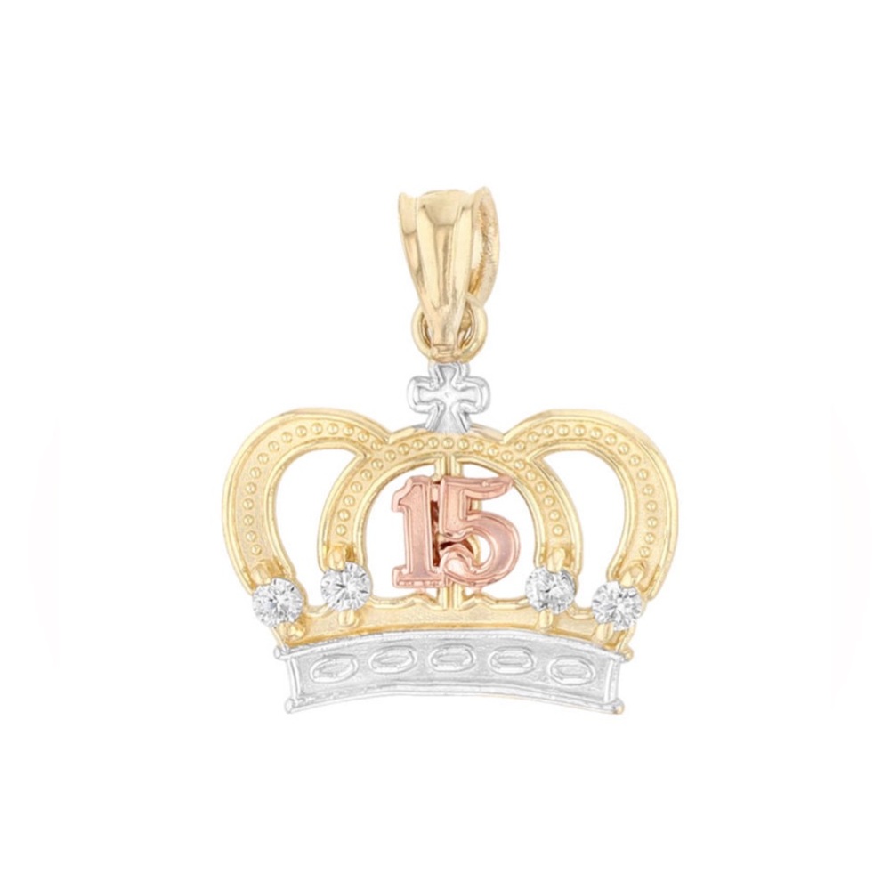 Yellow Gold Rose Gold and Silver Quinceanera 15th Birthday Crown Dangle Charm